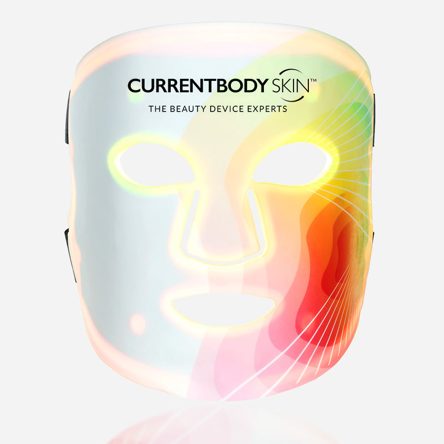 CurrentBody Skin LED 4-in-1 zone facial mapping mask showing a sleek black facial mask with multiple LED light panels.