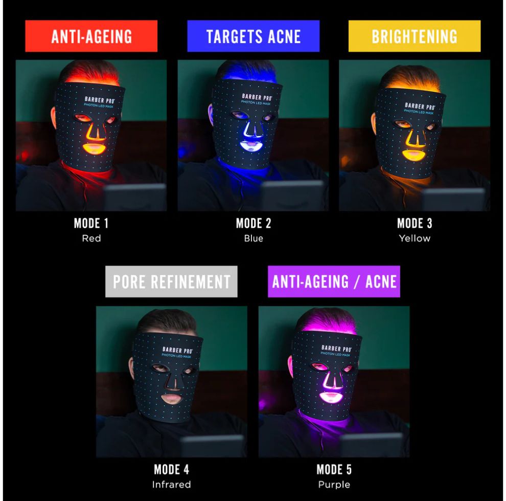 Yolaine Barber Pro Photon LED Light Therapy Facial Mask showing a sleek, blue-lit LED mask for skin treatment.