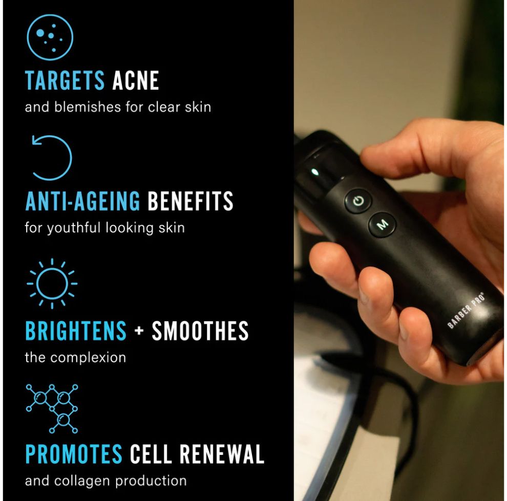 Yolaine Barber Pro Photon LED Light Therapy Facial Mask showing LED light panels on a black facial mask for skin treatment.