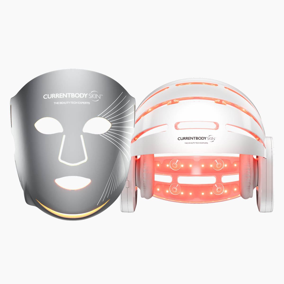 CurrentBody Skin LED hair growth helmet with multiple light therapy panels for stimulating scalp and promoting hair growth.