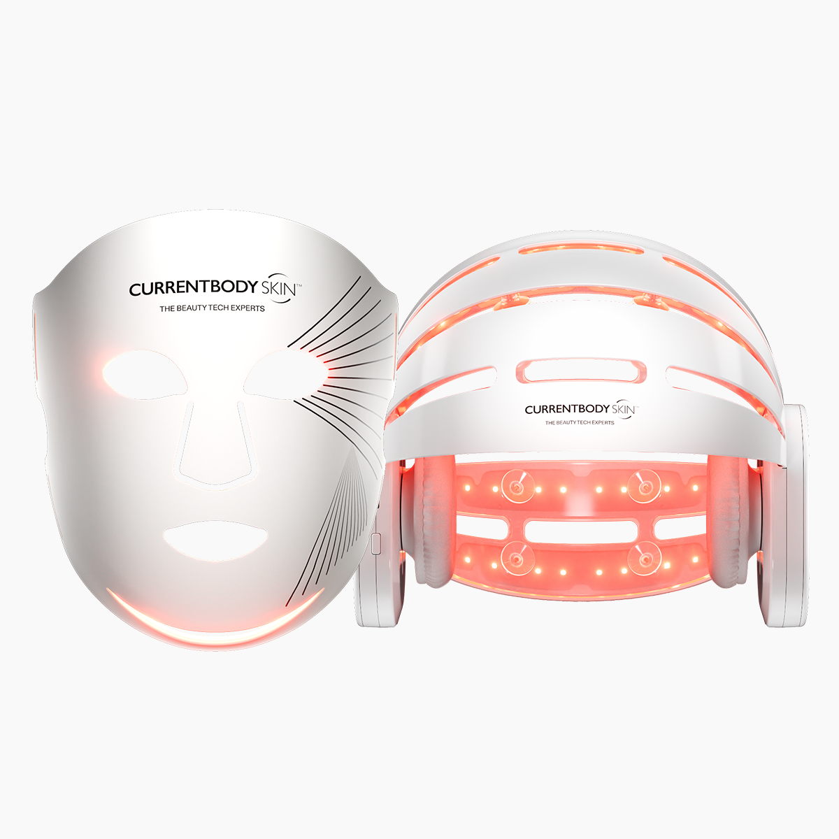 CurrentBody Skin LED Hair Growth Helmet showing a sleek, black device with multiple LED light panels for promoting hair growth.