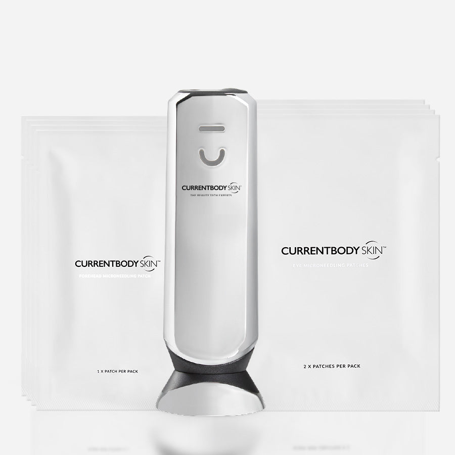 CurrentBody Skin RF Radio Frequency Skin Tightening Device with microneedling starter kit for facial skin rejuvenation.