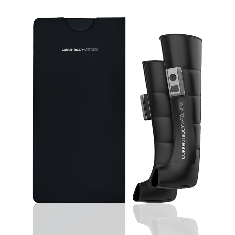 CurrentBody Skin wellness sauna blanket and recovery boots bundle, showing the heated blanket and compression recovery boots.