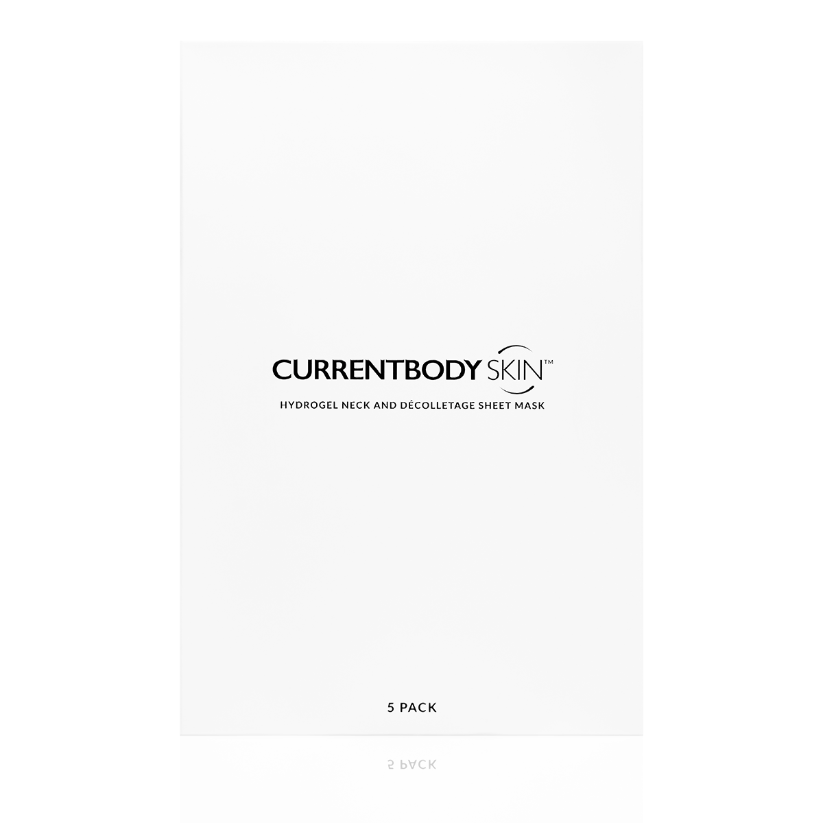 Five-pack of CurrentBody Skin Hydrogel Neck and Décolletage Masks showing gel patches designed for skin hydration and firming.
