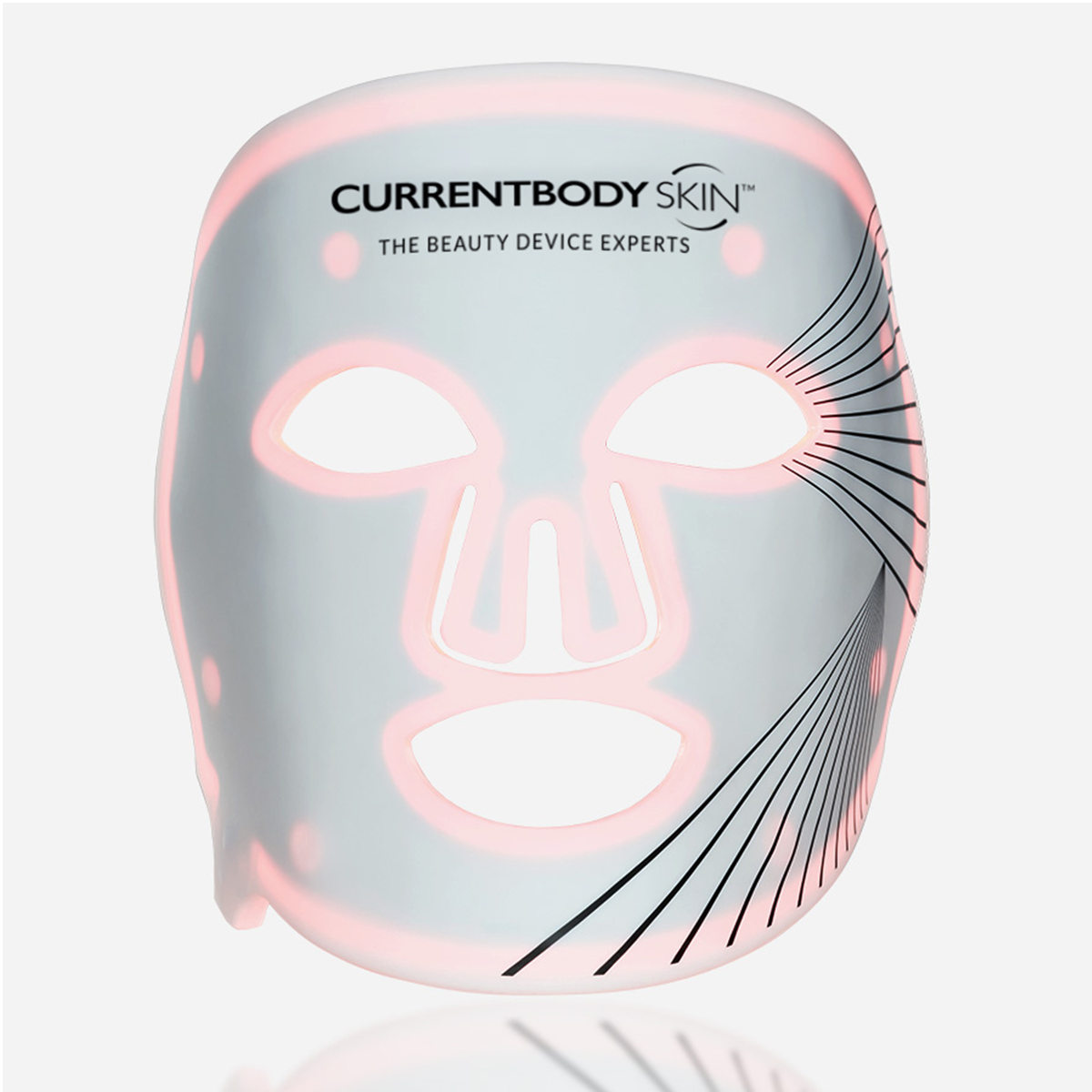 CurrentBody Skin LED Red Light Therapy Face Mask worn on face, featuring adjustable straps and LED light panels for skincare treatment.