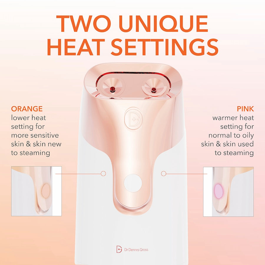 Yolaine Dr. Dennis Gross Pro Facial Steamer device with a sleek design for at-home facial skincare, emitting gentle steam.