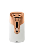 Yolaine Dr. Dennis Gross Pro Facial Steamer device emitting steam, compact skincare appliance for facial hydration and cleansing