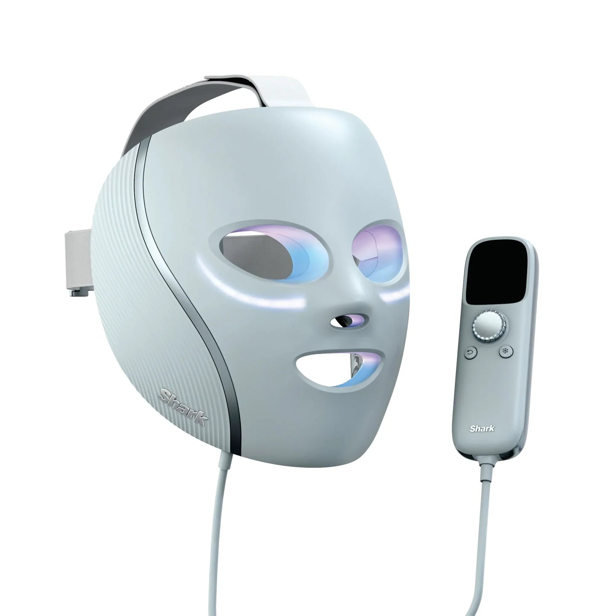 Shark CryoGlow under-eye cooling and LED face mask showing a sleek blue and black design with adjustable straps.