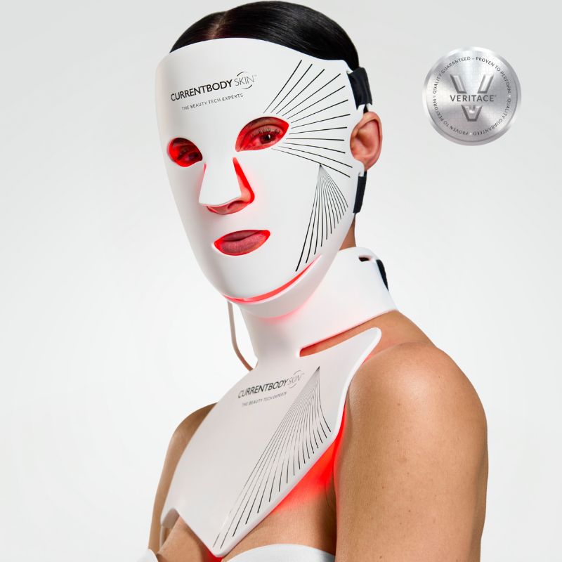 CurrentBody Skin LED red light therapy face mask showing a sleek, comfortable facial mask with adjustable straps and LED panels.