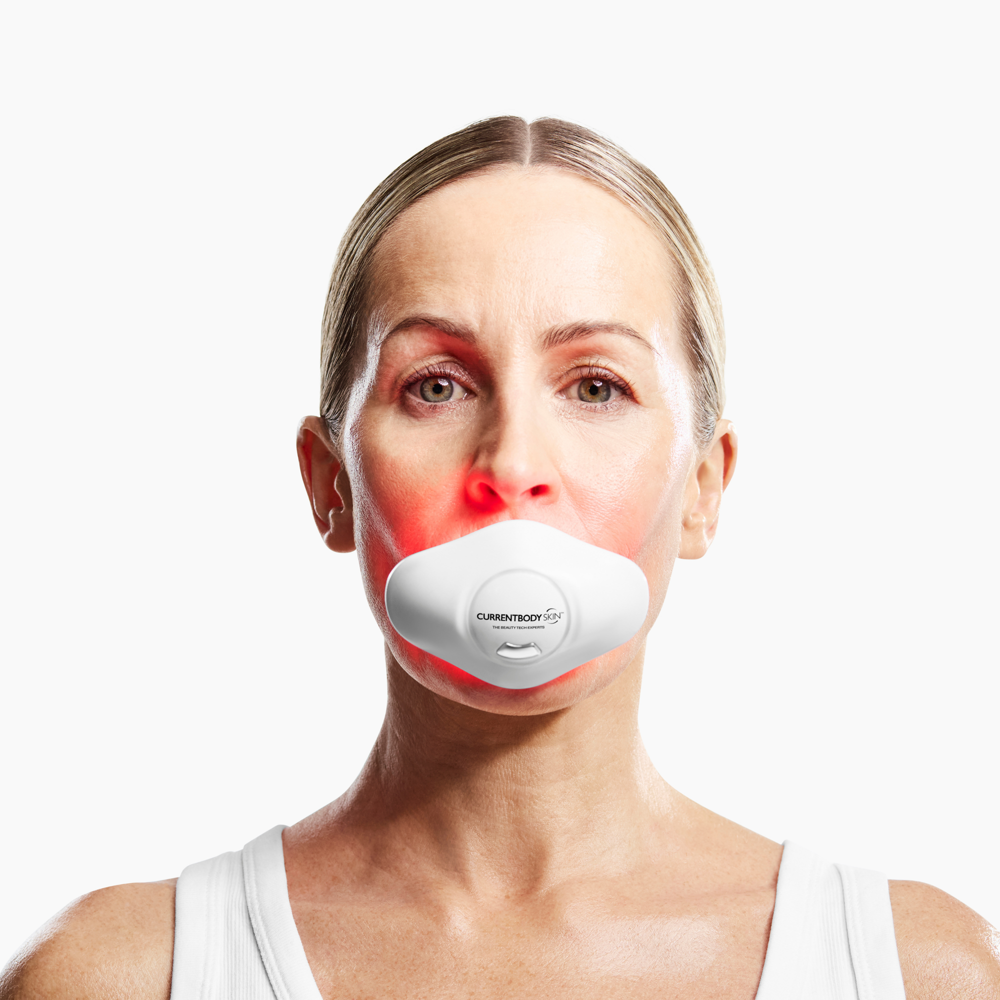 CurrentBody Skin LED Lip Mask showing a sleek, red-lit device designed for lip skincare and rejuvenation.