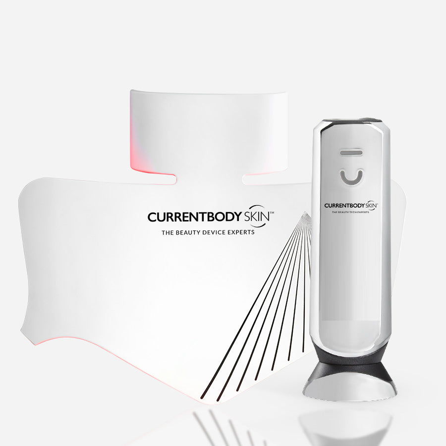 CurrentBody Skin RF Radio Frequency Skin Tightening Device used on neck, showing sleek design and treatment applicator.