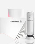 CurrentBody Skin RF Radio Frequency Skin Tightening Device used on neck, showing sleek design and treatment applicator.
