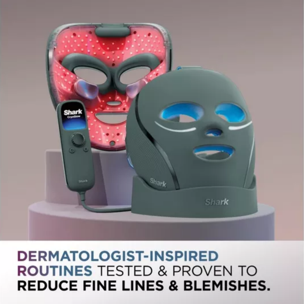 Medicube Shark Beauty CryoGlow under-eye mask with cooling LED light and frosted green design for anti-aging and blemish repair.