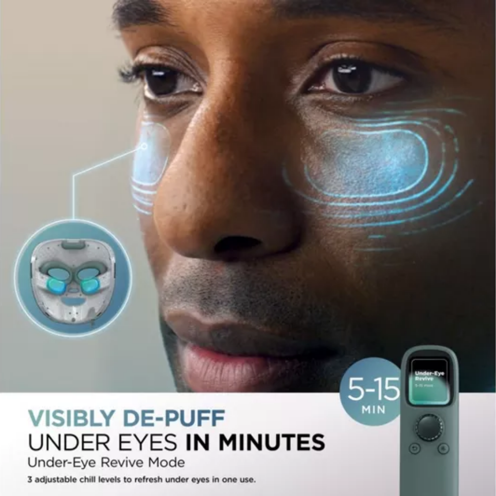 Medicube Shark Beauty CryoGlow under-eye mask with green frosted cooling gel, LED anti-aging and blemish repair features.