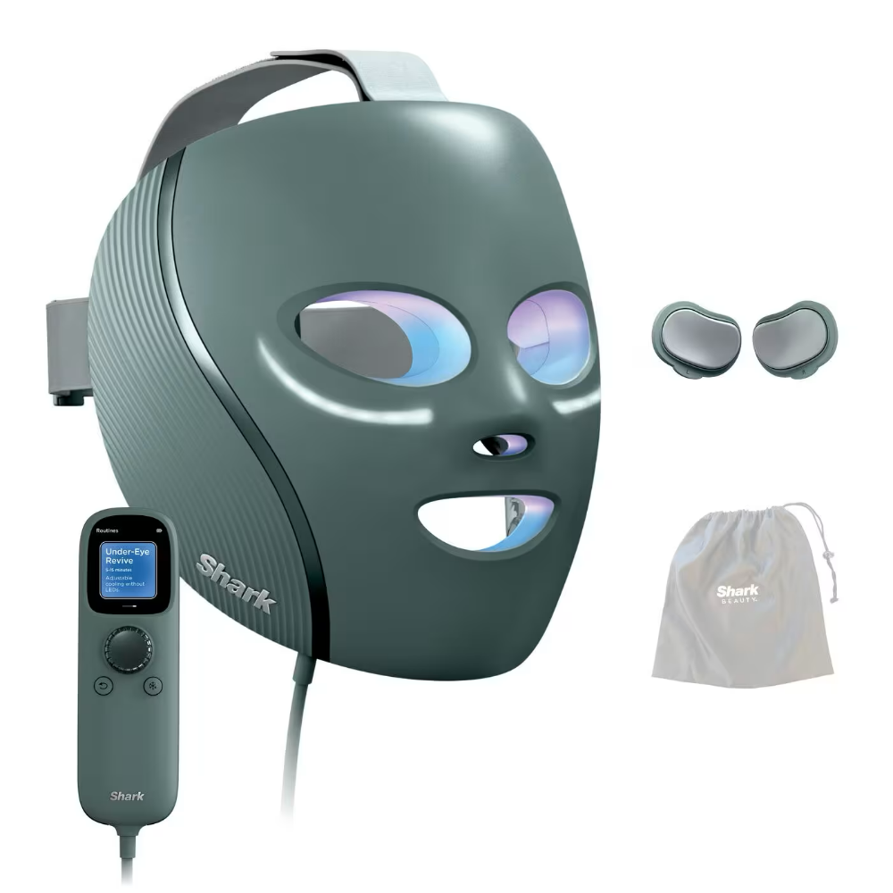 Medicube Shark Beauty CryoGlow under-eye cooling mask with LED lights and frosted green design for anti-aging and blemish repair.