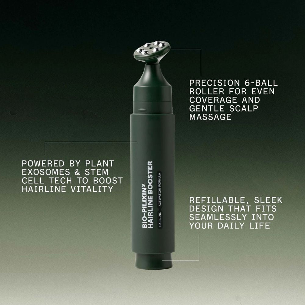 Scandinavian Biolabs Bio-Pilixin Hairline Booster by Yolaine showing the product bottle and packaging for hair thinning treatment.