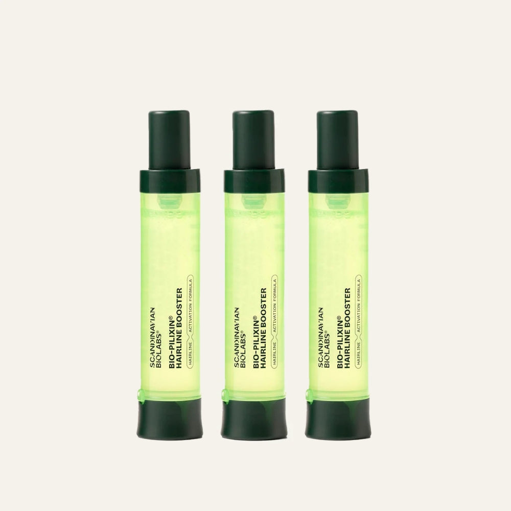 Scandinavian Biolabs Bio-Pilixin Hairline Booster refill bottles by Yolaine, 3x15ml for hair regrowth and scalp health.