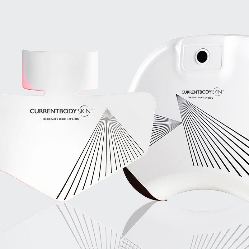 CurrentBody Skin LED hand mask and neck and hand perfectors shown in the image, highlighting skincare devices for rejuvenation.