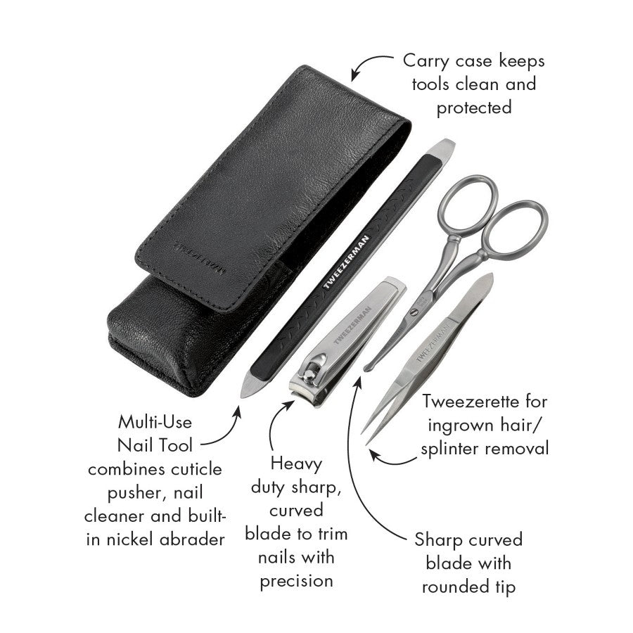 Yolaine Tweezerman Essential Grooming Kit with scissors, tweezers, and grooming tools on a white background.