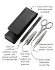 Yolaine Tweezerman Essential Grooming Kit with scissors, tweezers, and grooming tools on a white background.