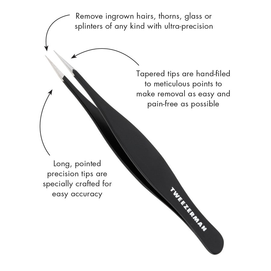 Yolaine Tweezerman ingrown hair and splinter tweezers with fine pointed tips for precise hair and splinter removal.