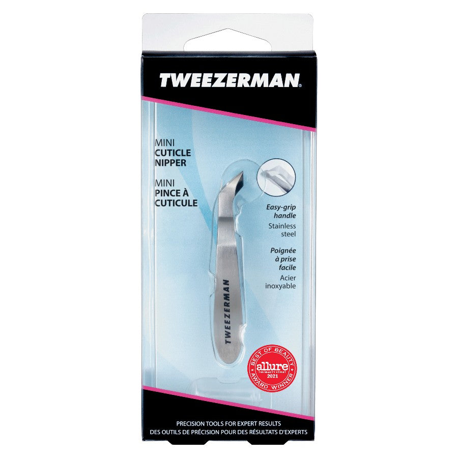 Yolaine Tweezerman Mini Cuticle Nipper with sharp, precise stainless steel blades for trimming cuticles and hangnails.
