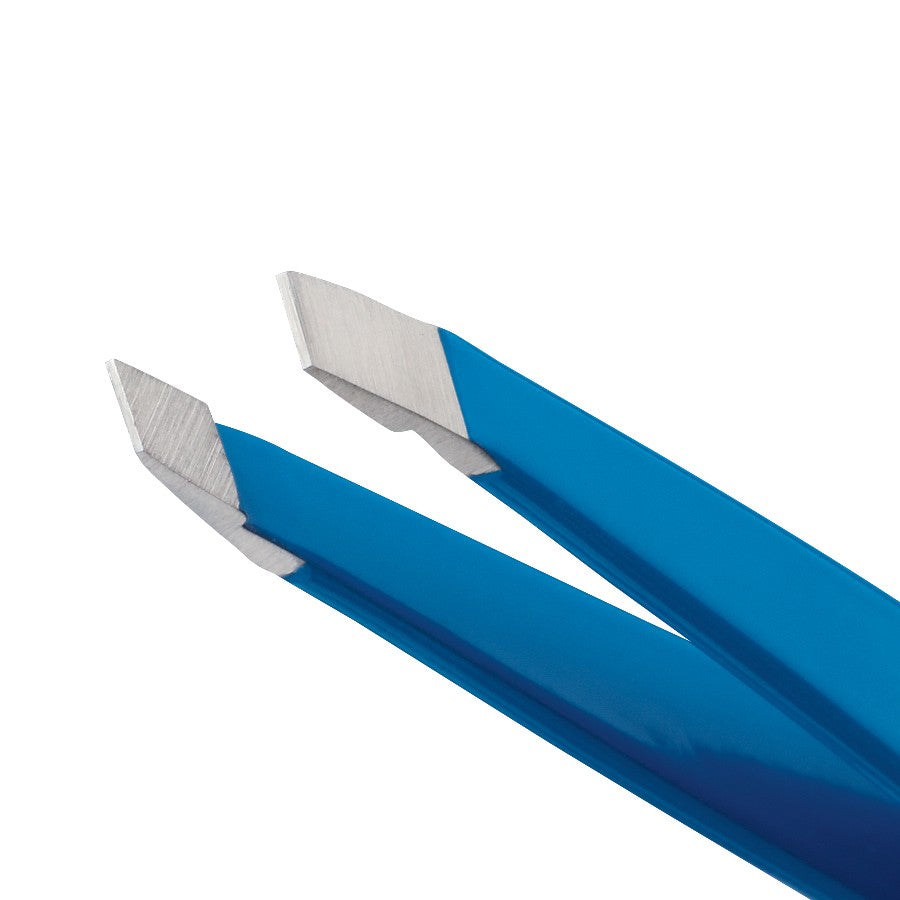 Yolaine Tweezerman Mini Slant Tweezer in Bahama Blue with precise slanted tip for grooming eyebrows and small hair removal