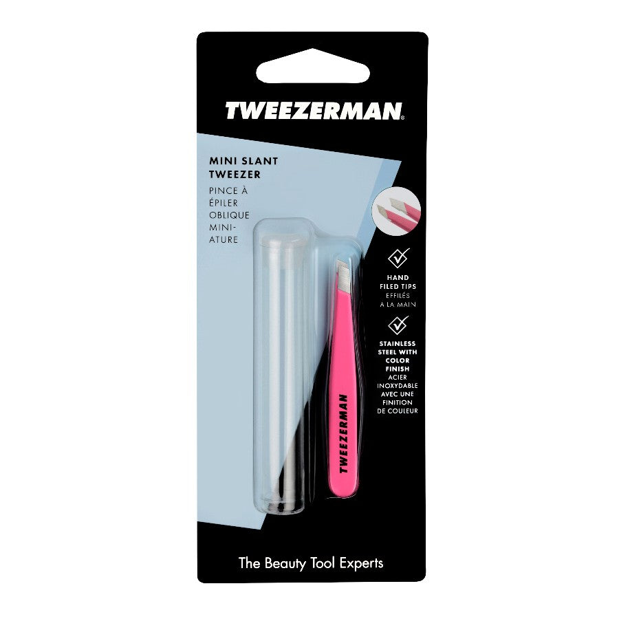 Pink Tweezerman Mini Slant Tweezer with precision slanted tips for eyebrow grooming and detailed plucking.