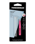 Pink Tweezerman Mini Slant Tweezer with precision slanted tips for eyebrow grooming and detailed plucking.