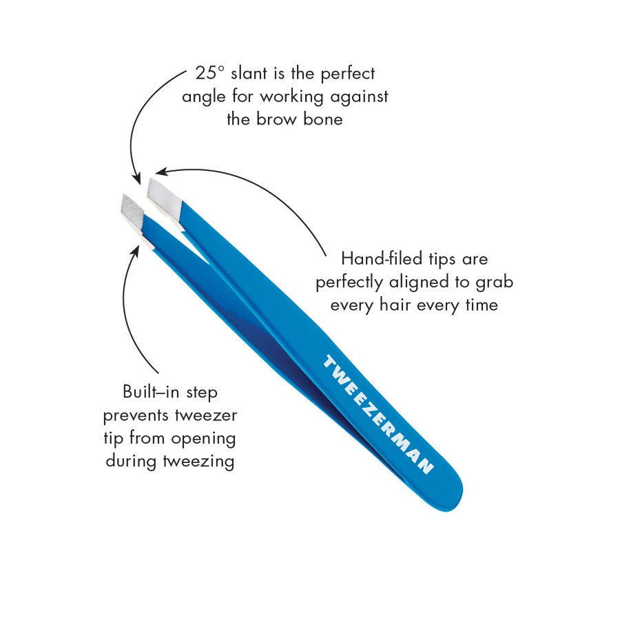 Pink Tweezerman Mini Slant Tweezer with angled tips for precise eyebrow grooming, shown on a white background.