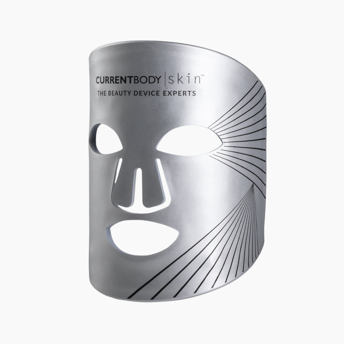 CurrentBody Skin Silver Series 1 LED Mask showing a sleek, silver facial mask with adjustable straps and LED light panels.