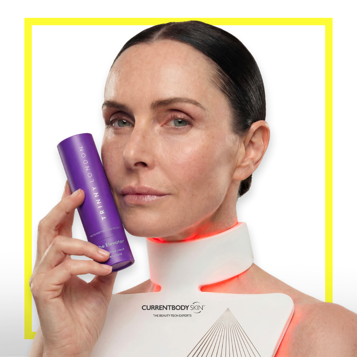 CurrentBody Skin The Ultimate Elevator bundle featuring Trinny London skincare products with sleek packaging and applicators.