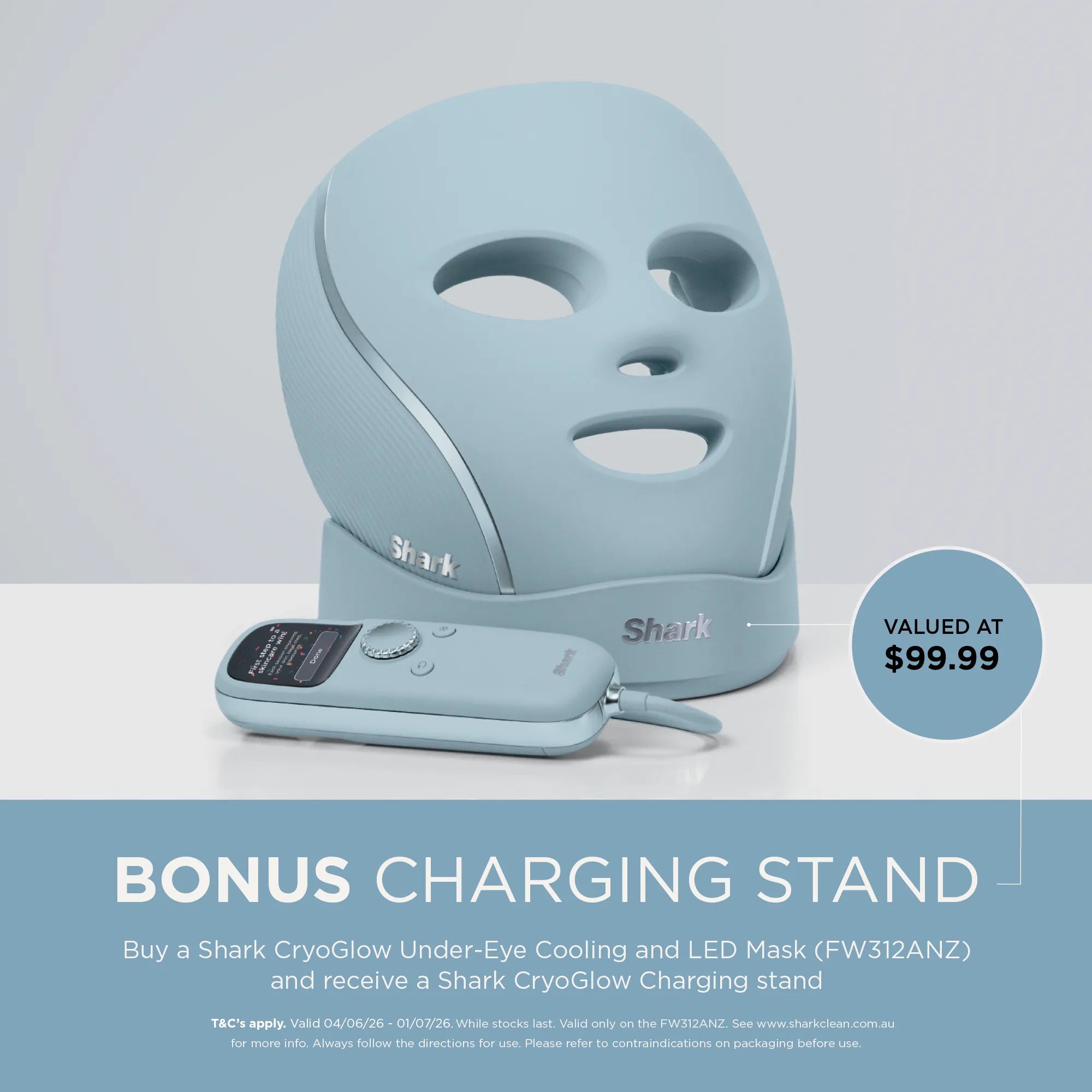Shark CryoGlow under-eye cooling and LED face mask showing a sleek black design with LED light panels for skincare.