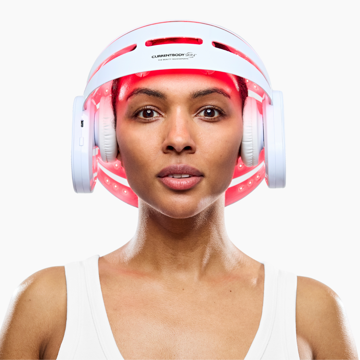 Front view of the CurrentBody Skin LED Hair Growth Helmet showing its sleek design and LED light panels for hair regeneration.