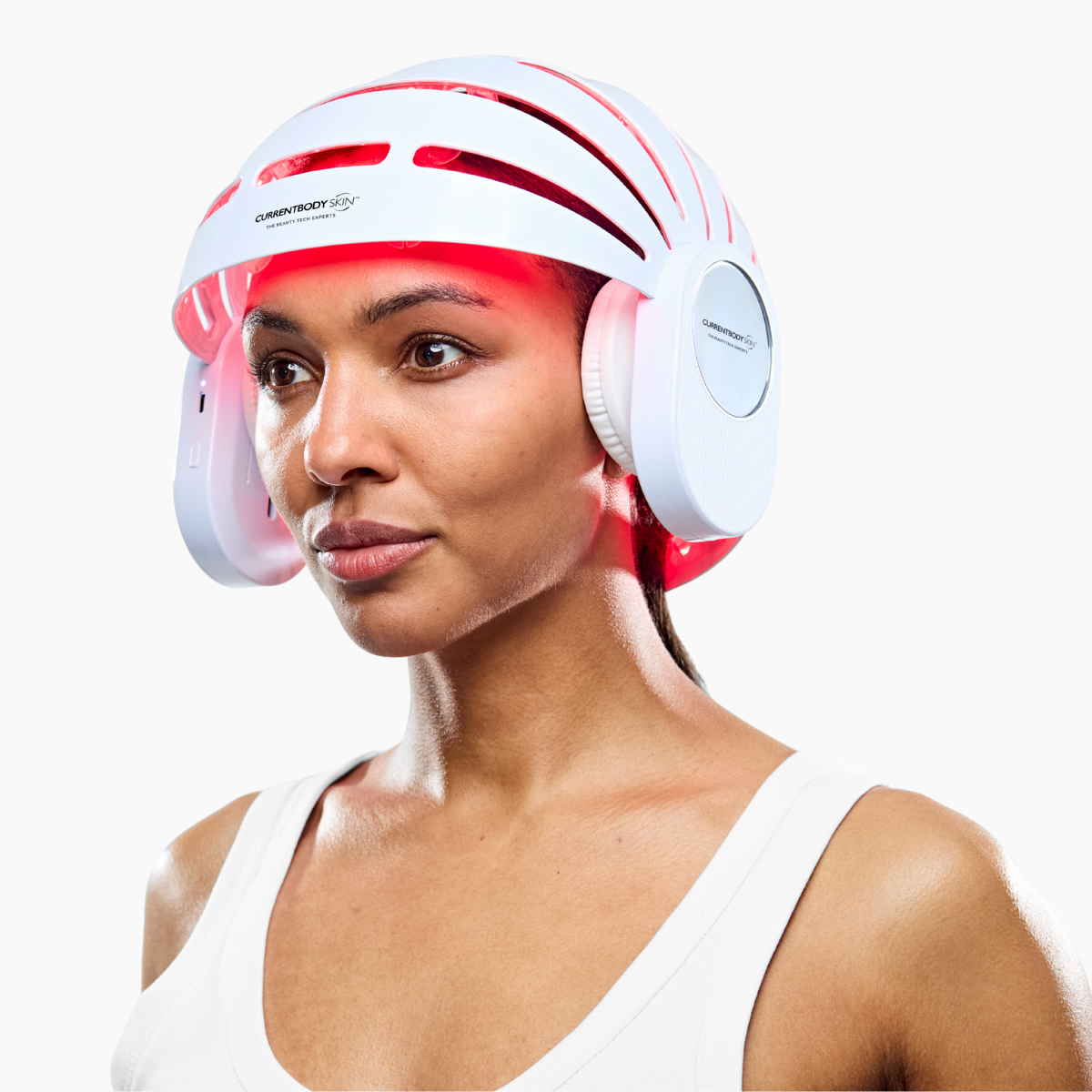 Front view of the CurrentBody Skin LED Hair Growth Helmet showing its sleek design and LED light panels for hair growth therapy.