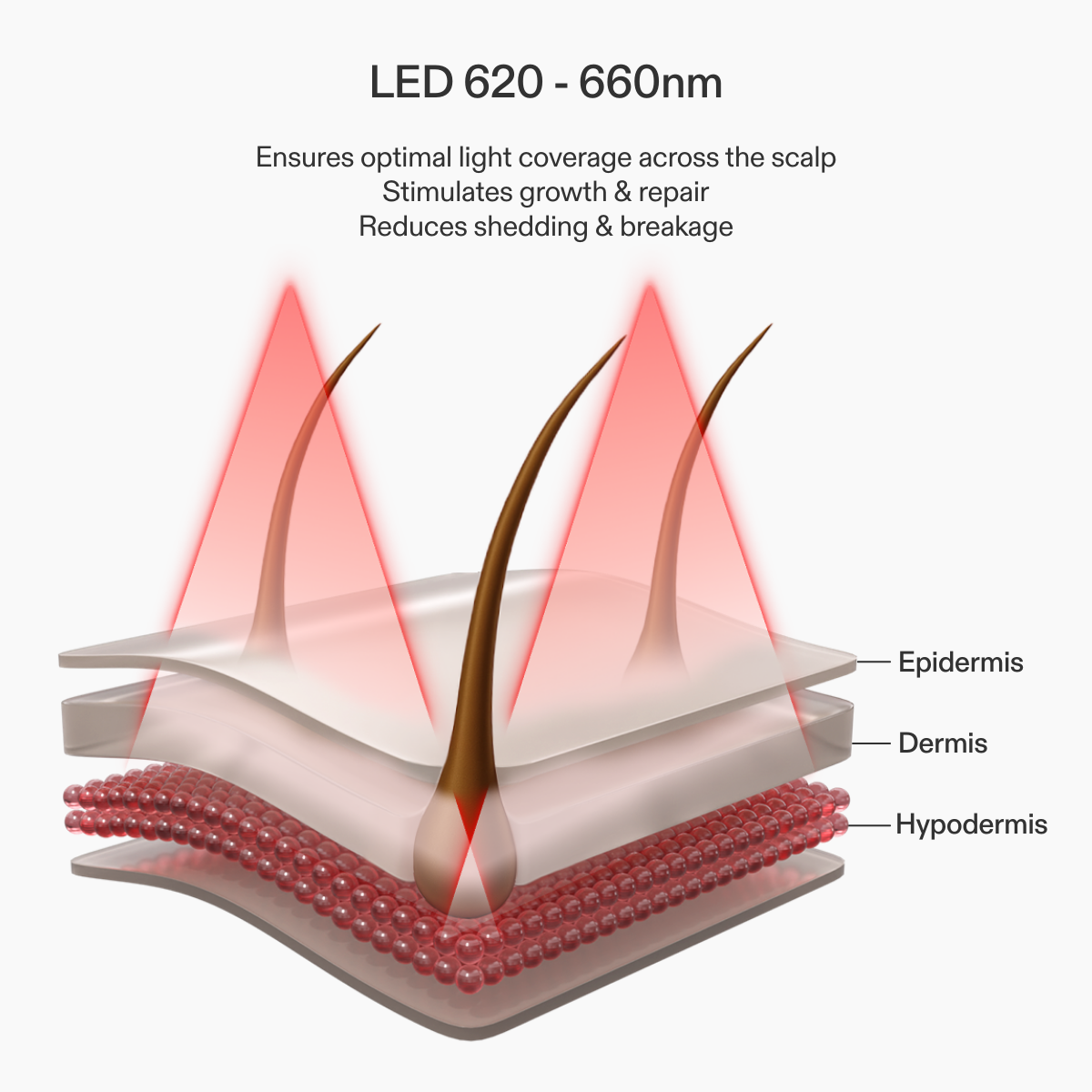 CurrentBody Skin LED Hair Growth Helmet with multiple wavelength infographic showing red and near-infrared light therapy for hair growth.