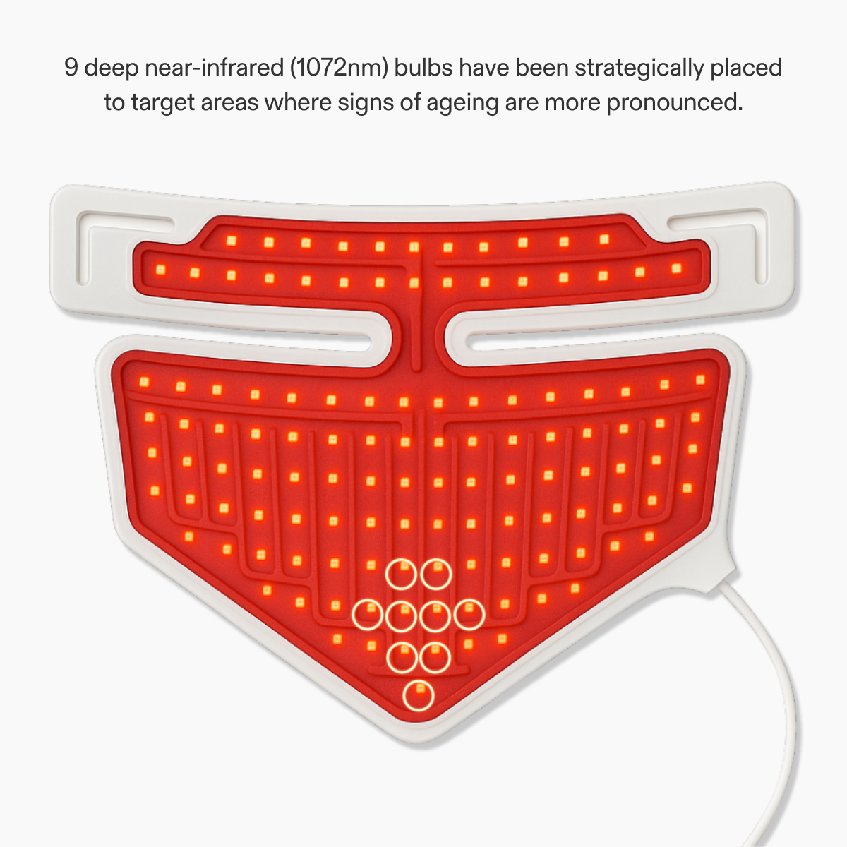 CurrentBody Skin LED Neck and Décolletage Mask worn on the neck and chest, showing interior LED panels and adjustable straps.