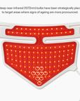 CurrentBody Skin LED Neck and Décolletage Mask worn on the neck and chest, showing interior LED panels and adjustable straps.