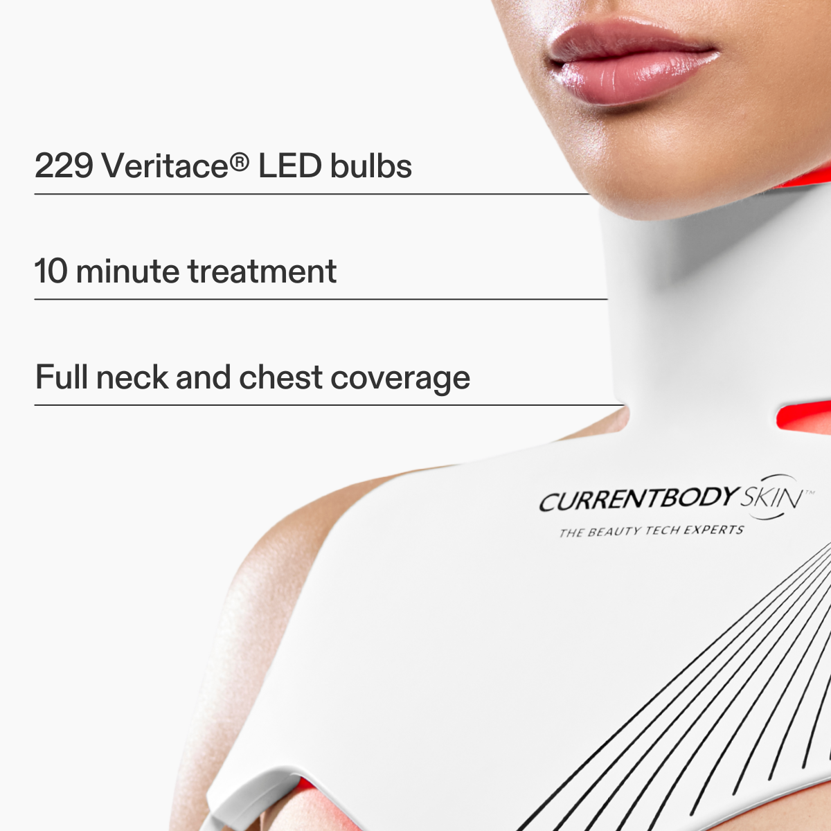 CurrentBody Skin LED neck and décolletage mask showing the device with adjustable straps and LED light panels for skincare treatment.