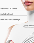 CurrentBody Skin LED neck and décolletage mask showing the device with adjustable straps and LED light panels for skincare treatment.