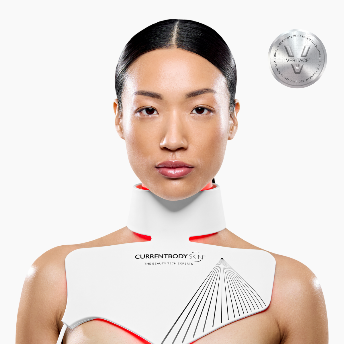CurrentBody Skin LED Neck and Décolletage Mask front view, showing the sleek design for skin rejuvenation and facial therapy.
