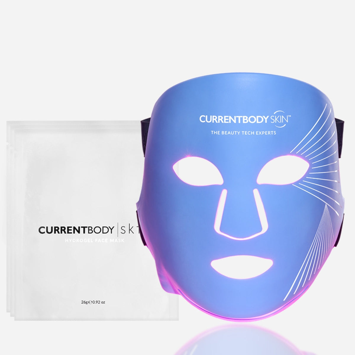 CurrentBody Skin LED Blue Light Therapy Face Mask with hydrogels, designed for skin treatment and blemish reduction.