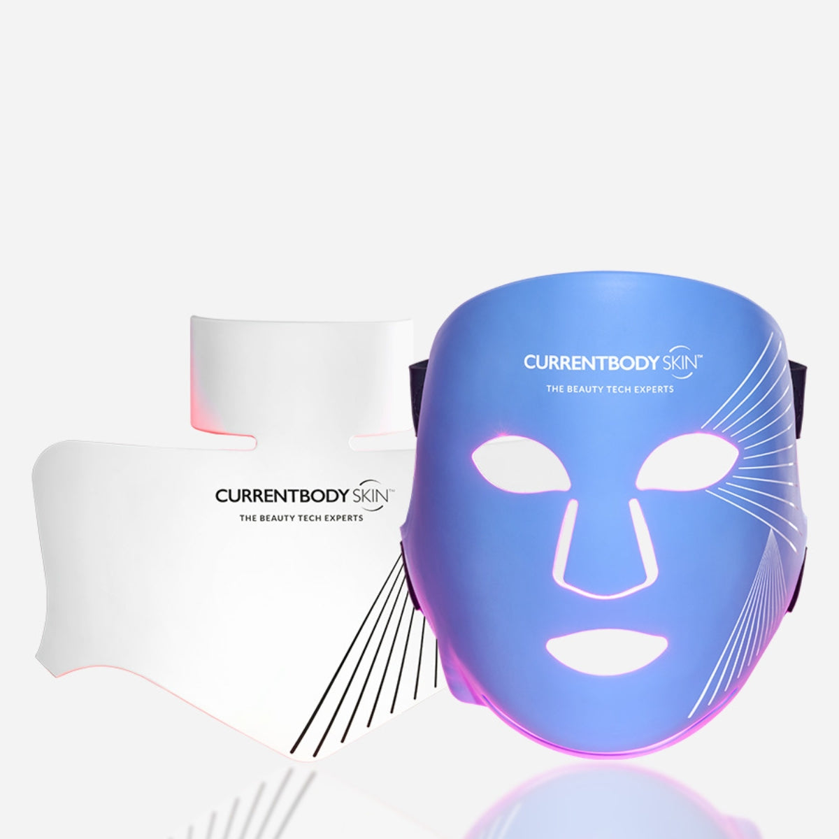 CurrentBody Skin LED Blue Light Therapy Face Mask and Neck Mask shown on a white background, designed for acne treatment.