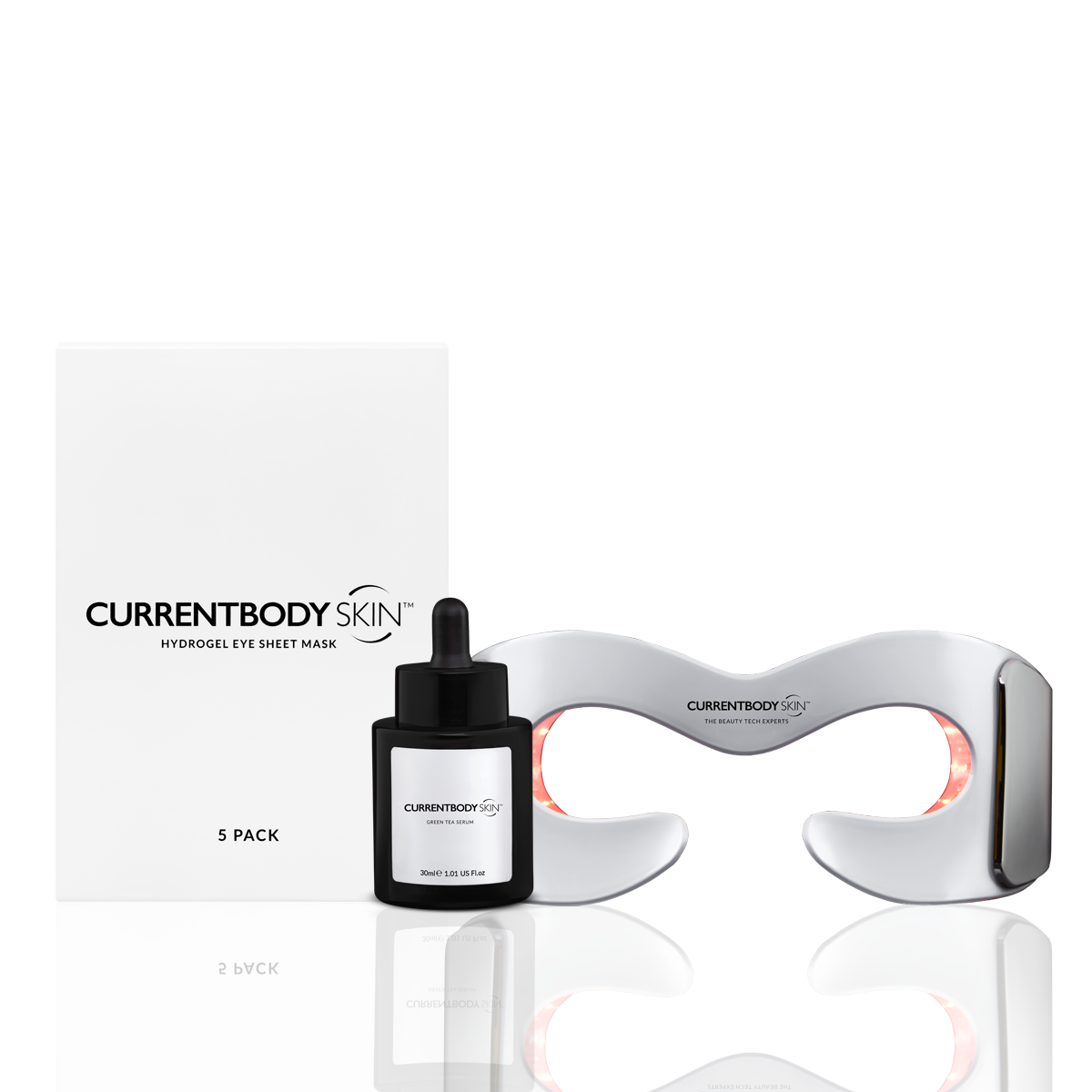 CurrentBody Skin LED Eye Mask showing the sleek black device with adjustable straps designed for eye skincare.