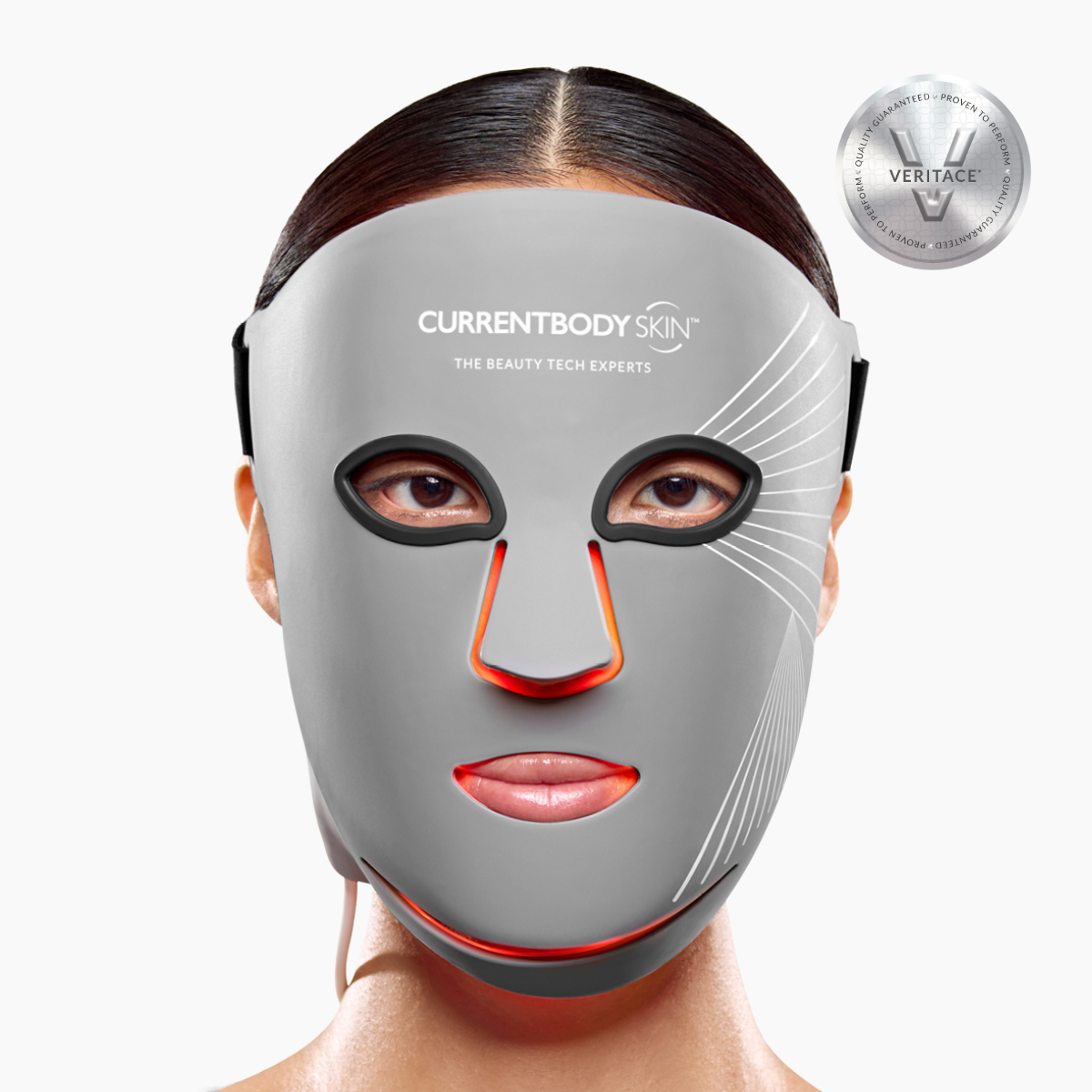 CurrentBody Skin LED Multi Light Therapy Mask worn on face, showcasing its facial coverage and multi-light therapy features.