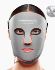 CurrentBody Skin LED Multi Light Therapy Mask worn on face, showcasing its facial coverage and multi-light therapy features.