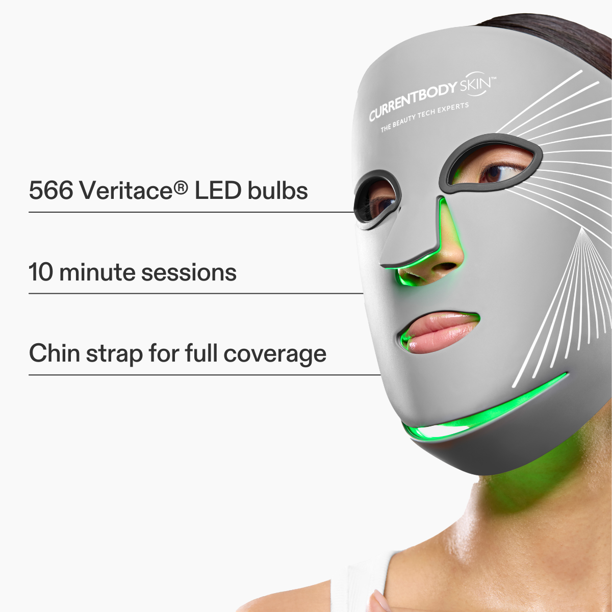 CurrentBody Skin LED Multi Light Therapy Mask showing adjustable straps and multiple LED light panels for facial skin treatment.