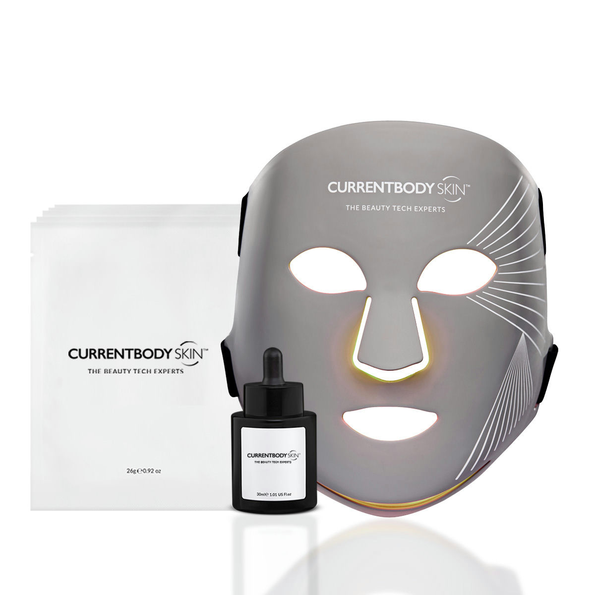 CurrentBody Skin LED Multi Light Therapy Mask showing the flexible mask with multiple LED panels for skin treatment.