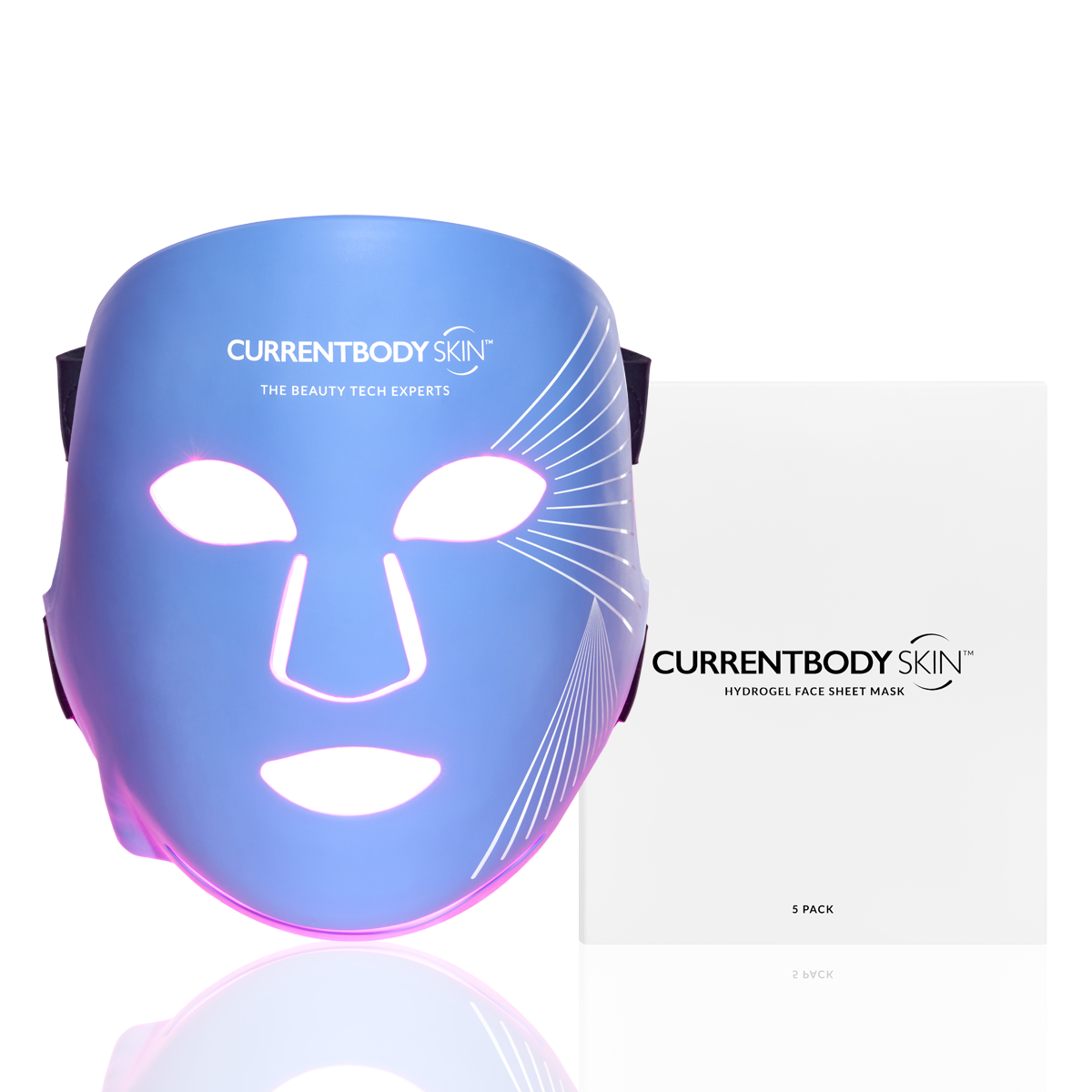 CurrentBody Skin LED blue light therapy face mask showing red and blue light panels for skin rejuvenation and acne treatment.