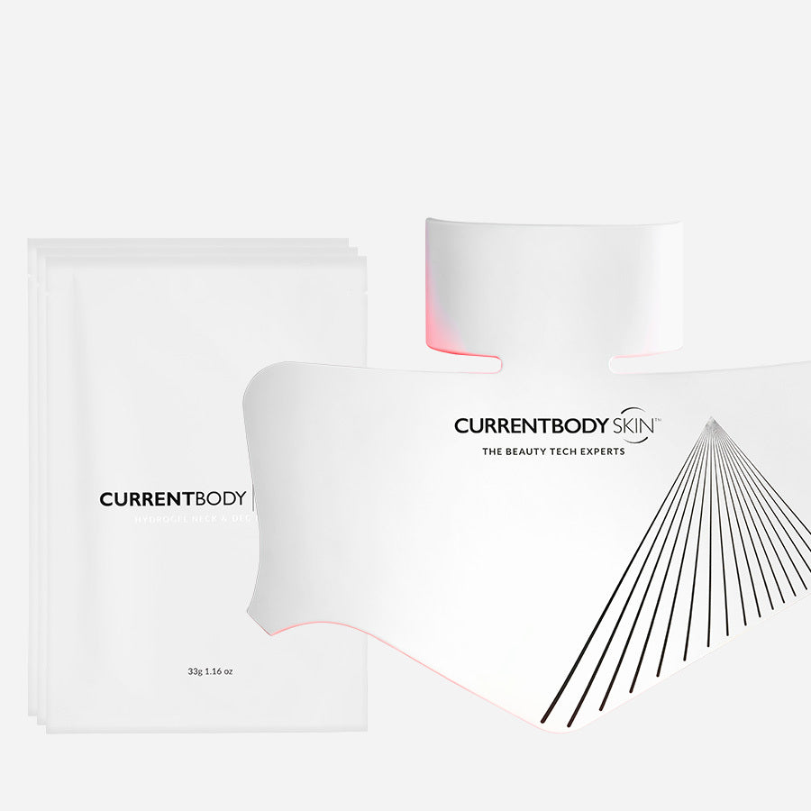 CurrentBody Skin LED Neck &amp; Décolletage Mask with hydrogel pads, shown on a woman’s neck and chest area for skin treatment.